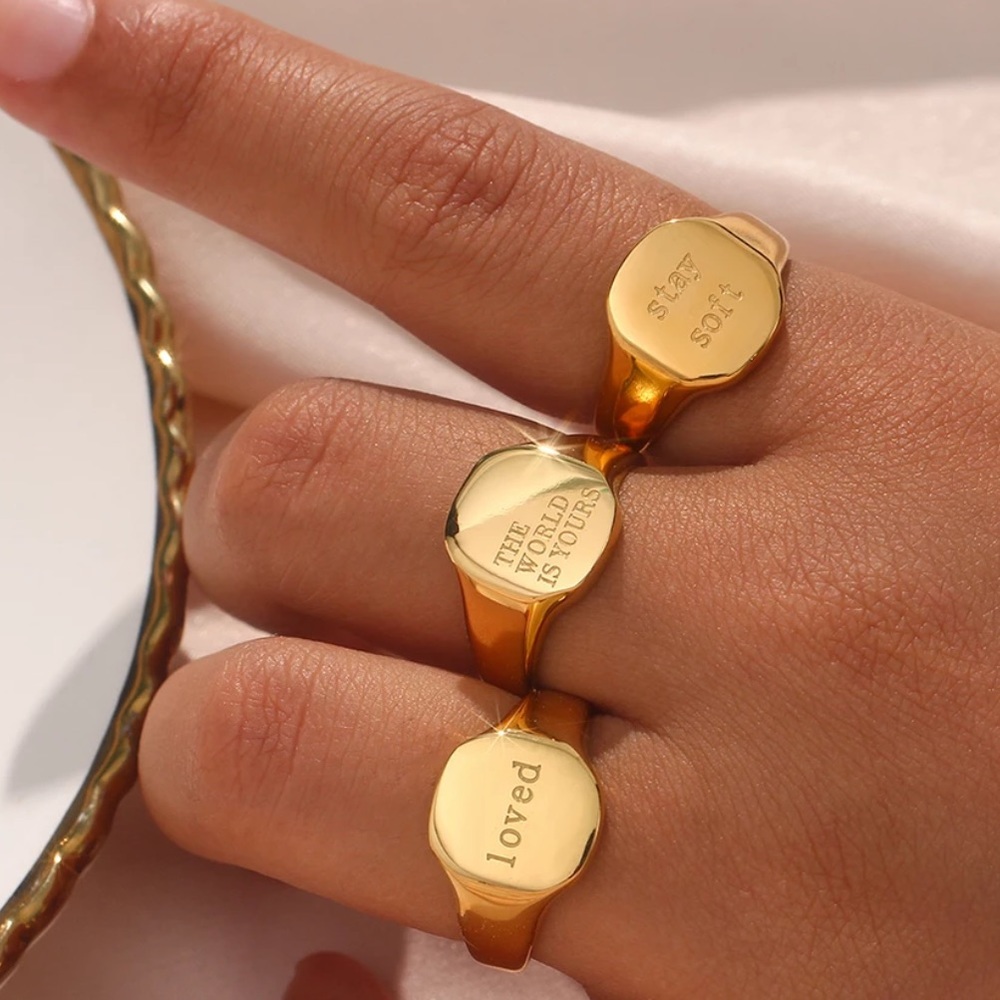 NEW 18K GOLD ENGRAVED LETTER WORD SQUARE MINIMALIST RING, CUTE RING, SHINY RING.